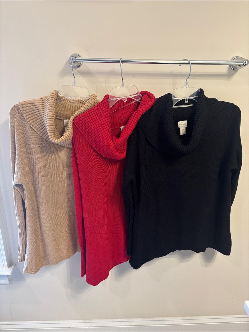 Chico's Cozy Cowl Sweaters in Black, Red & Tan